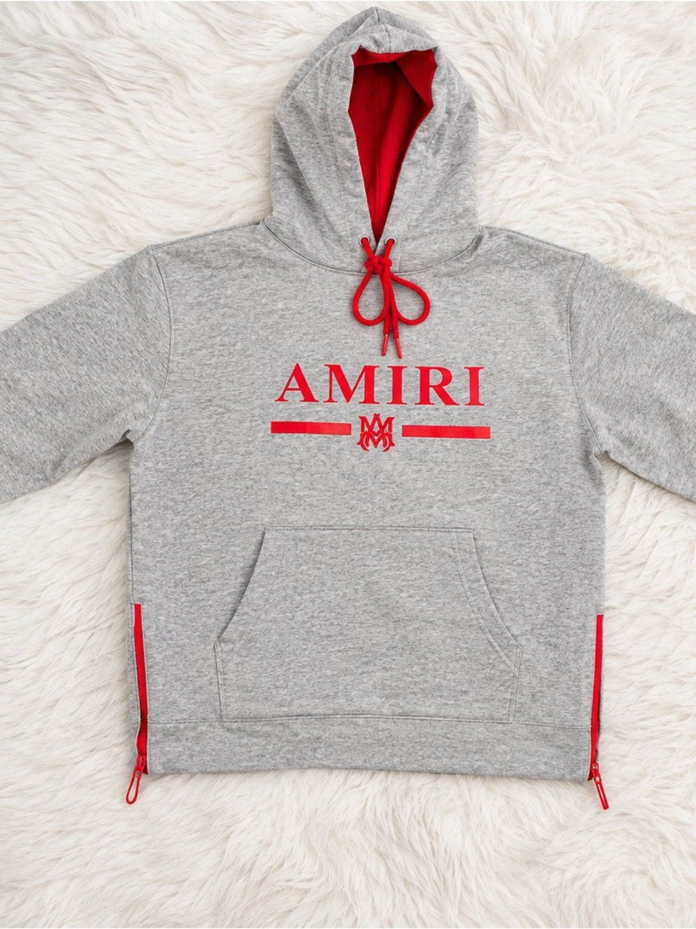 AMIRI Gray Crewneck Hoodie with Red Logo & Trim